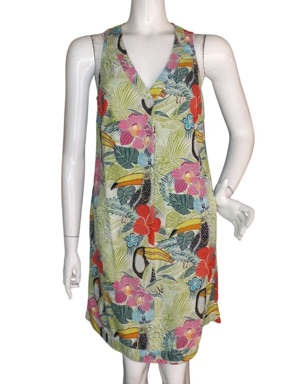 TOMMY BAHAMA Silk Dress, S, V-neck, Short, Pockets, Bold Color Toucan Floral - Picture 1 of 13